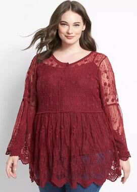 Lane Bryant Embroidered Sheer Babydoll Top Plus Size 14/16 Burgundy Peasant Top